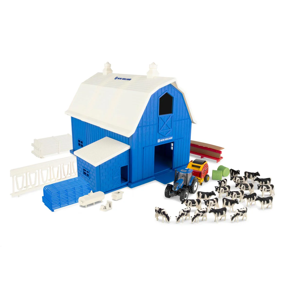 1/64 Special Edition New Holland Dairy Barn Set with T6.164 Tractor and Roll-Belt 560 Baler