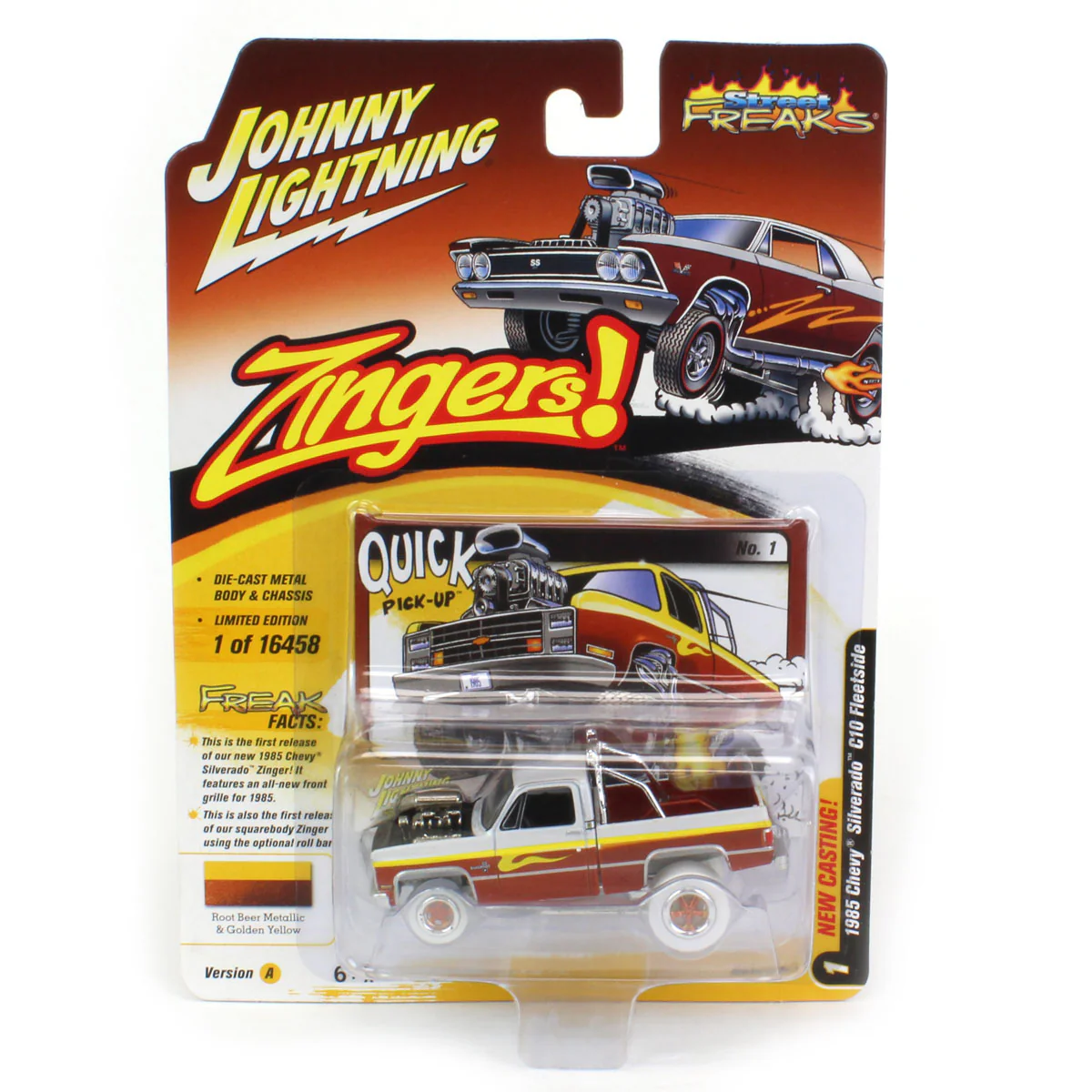 1/64 1985 Chevrolet Silverado, Sunset Yellow, Zinger, Johnny Lightning - White Lightning Chase