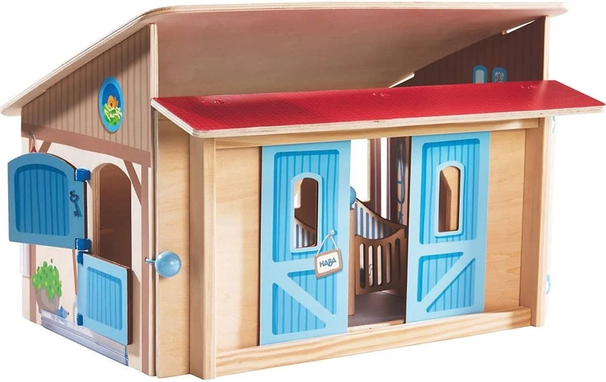 Little Friends Folding Wooden Horse Stable Riding School Play Set With 3 Stalls, Sliding Doors Feeding Trough And Washing Station