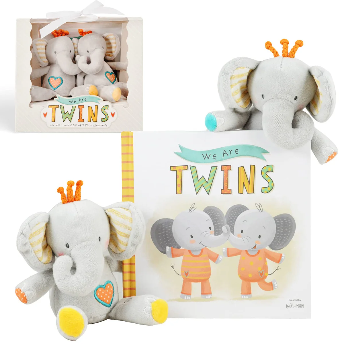 Baby Twins Gift Set - Keepsake Book & 2 Plush Elephant Rattles