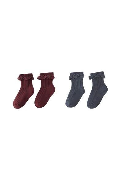 Lace Trim Sock Set (Burgundy/Navy)